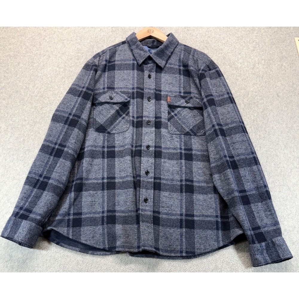 Chaps Mens Flannel Shirt Jacket Blue Gray Plaid Long Sleeve Button Front XL